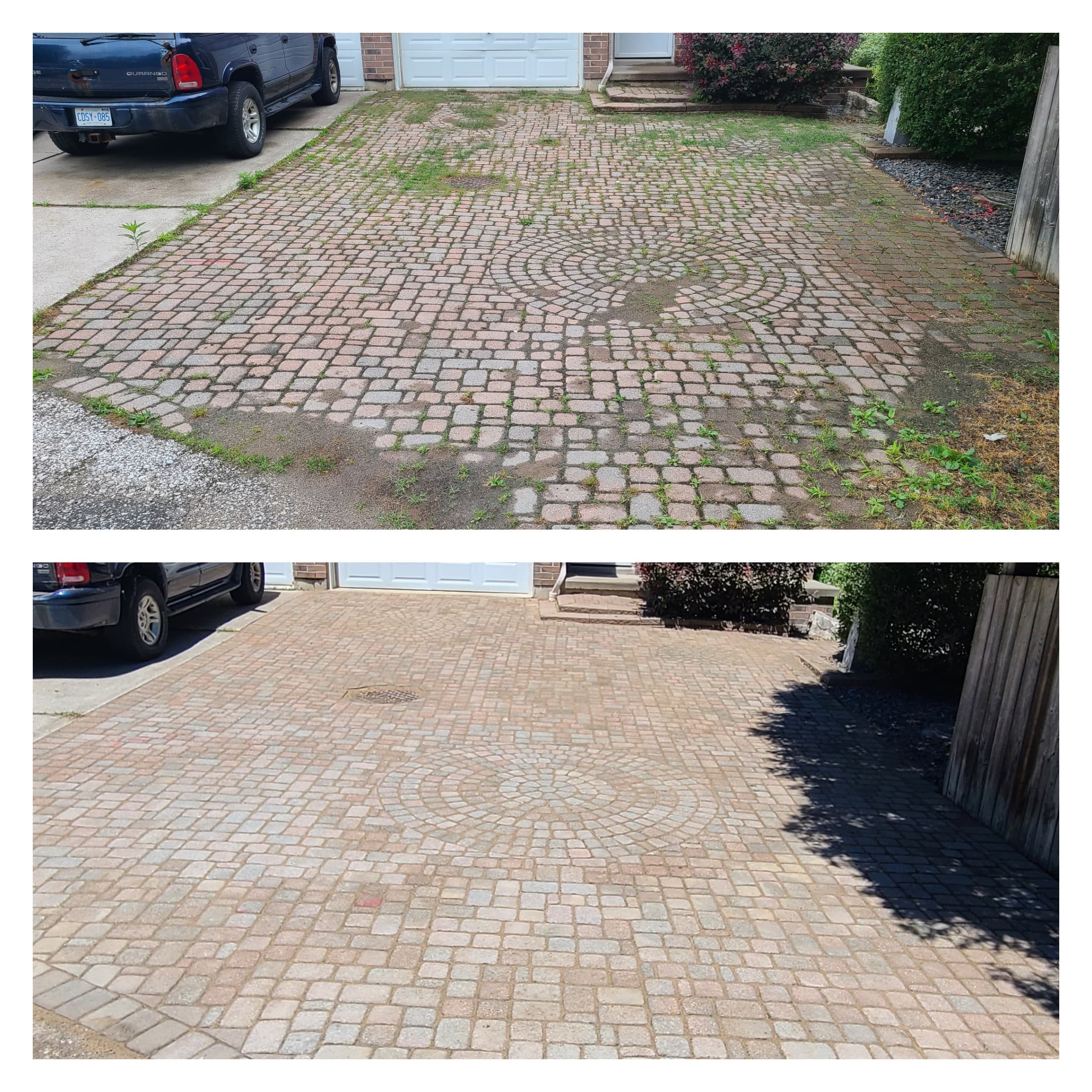 Interlock driveway repair before and after in Windsor Ontario showing shifted pavers restored and re-levelled