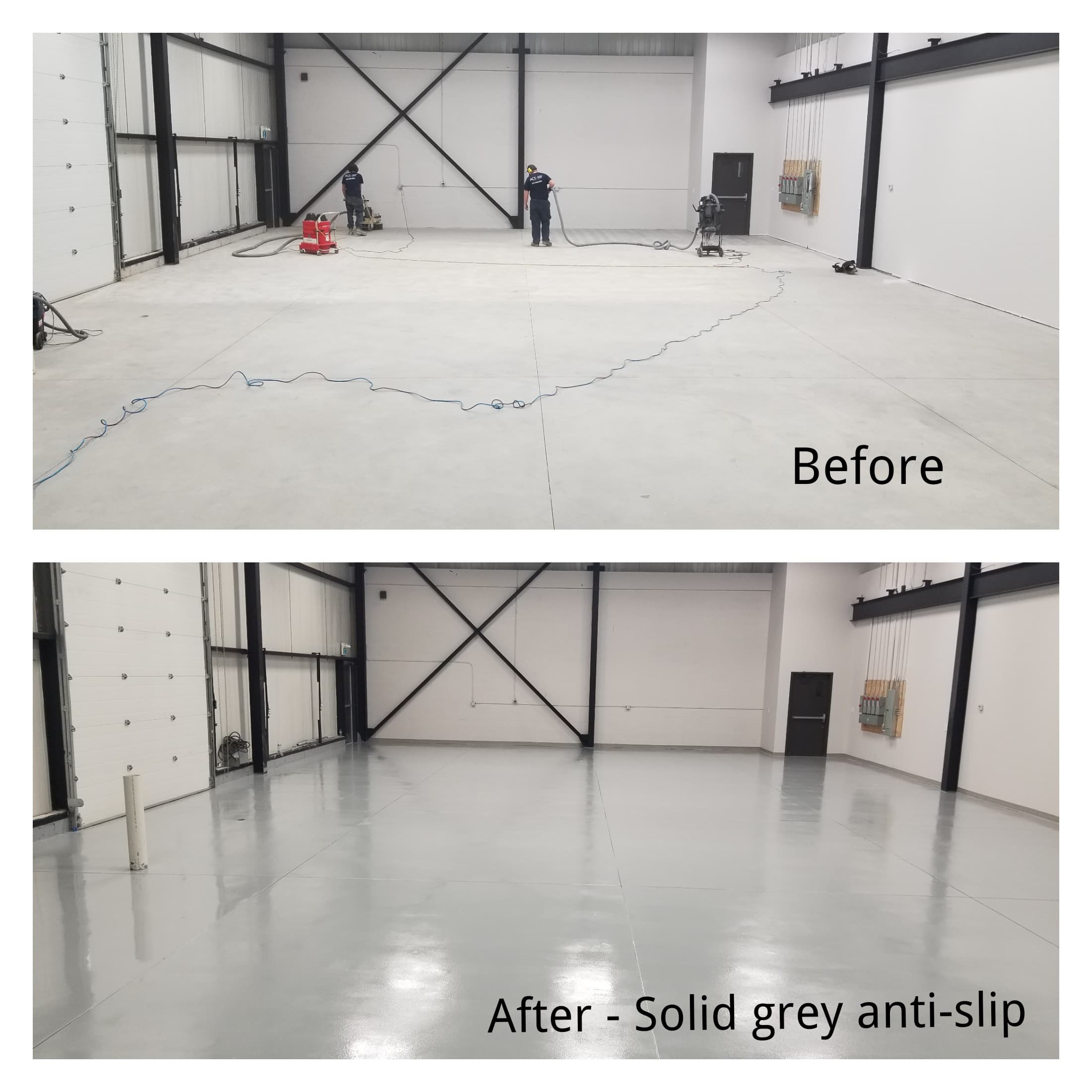 Industrial warehouse floor before and after solid grey anti-slip epoxy coating in Windsor Ontario