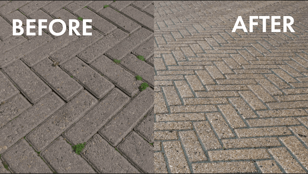 Interlock driveway sealing before and after showing colour restoration and glossy finish by Preferred Coating Solutions in Windsor-Essex County